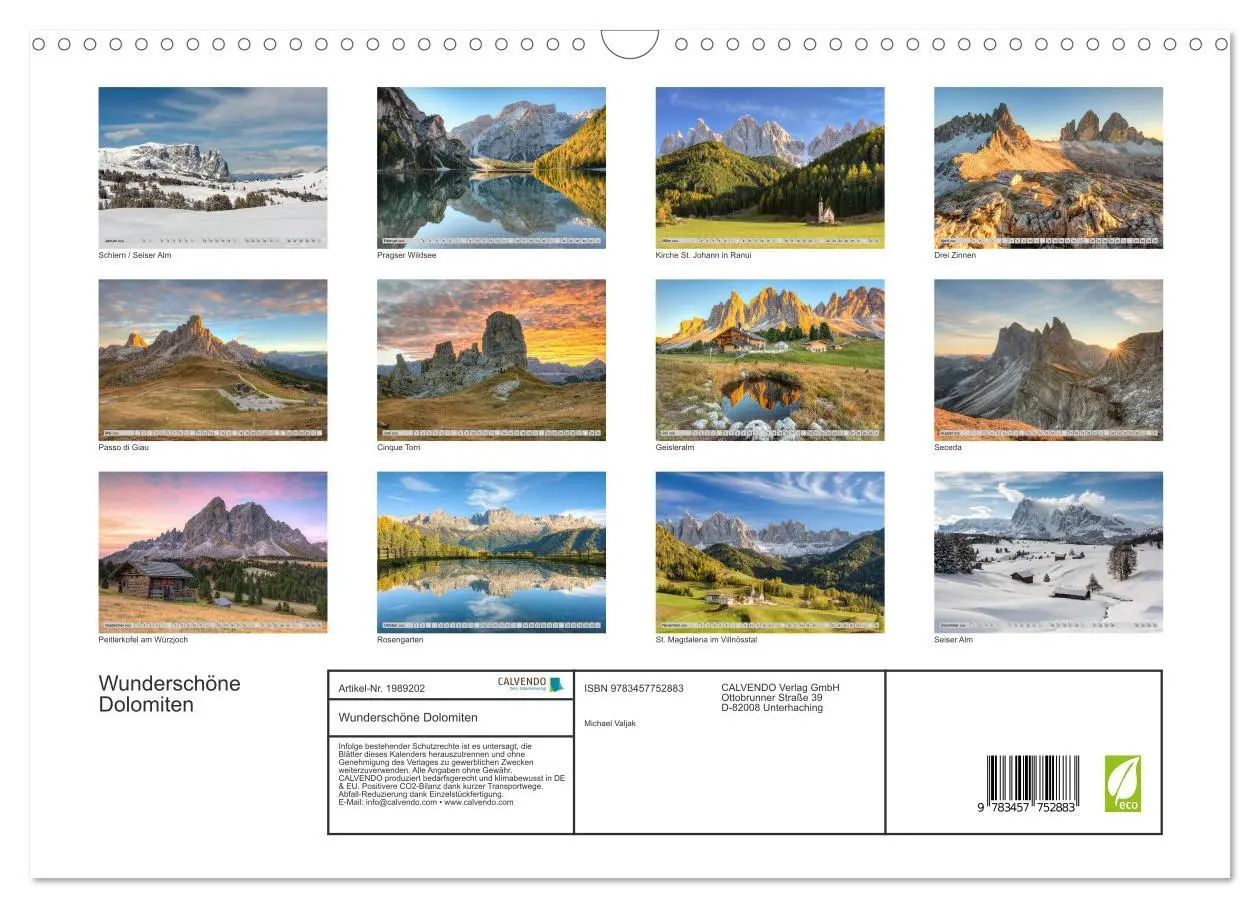Bild: 9783457752883 | Wunderschöne Dolomiten (Wandkalender 2026 DIN A3 quer), CALVENDO...