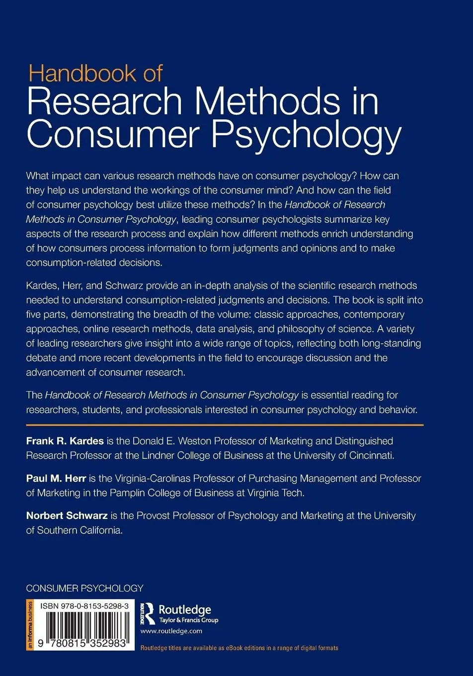 Rückseite: 9780815352983 | Handbook of Research Methods in Consumer Psychology | Kardes (u. a.)