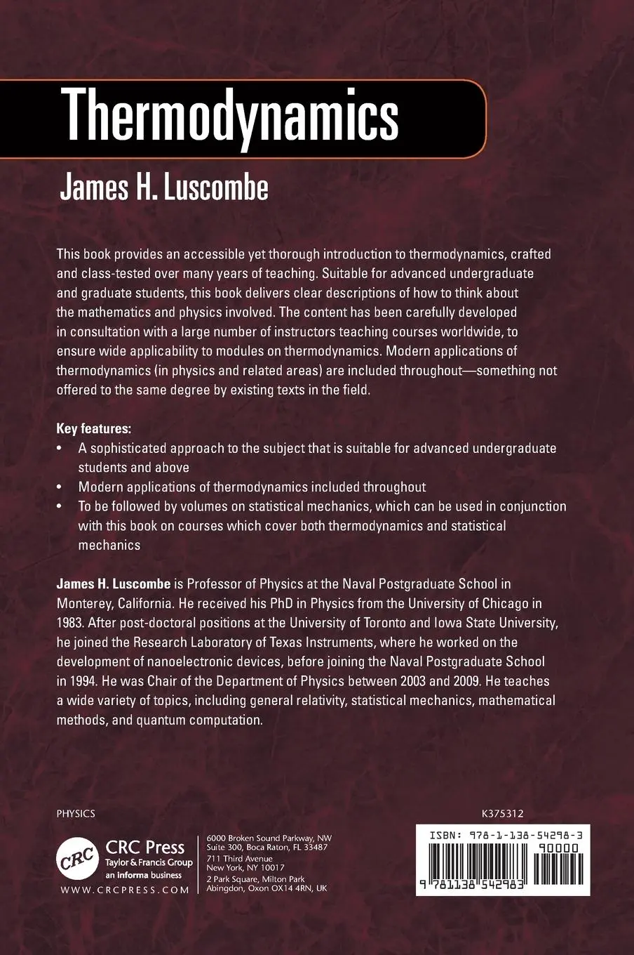 Rückseite: 9781138542983 | Thermodynamics | James Luscombe | Buch | Englisch | 2018 | CRC Press