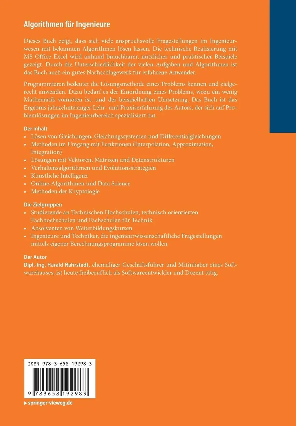 Rückseite: 9783658192983 | Algorithmen für Ingenieure | Technische Realisierung mit Excel und VBA