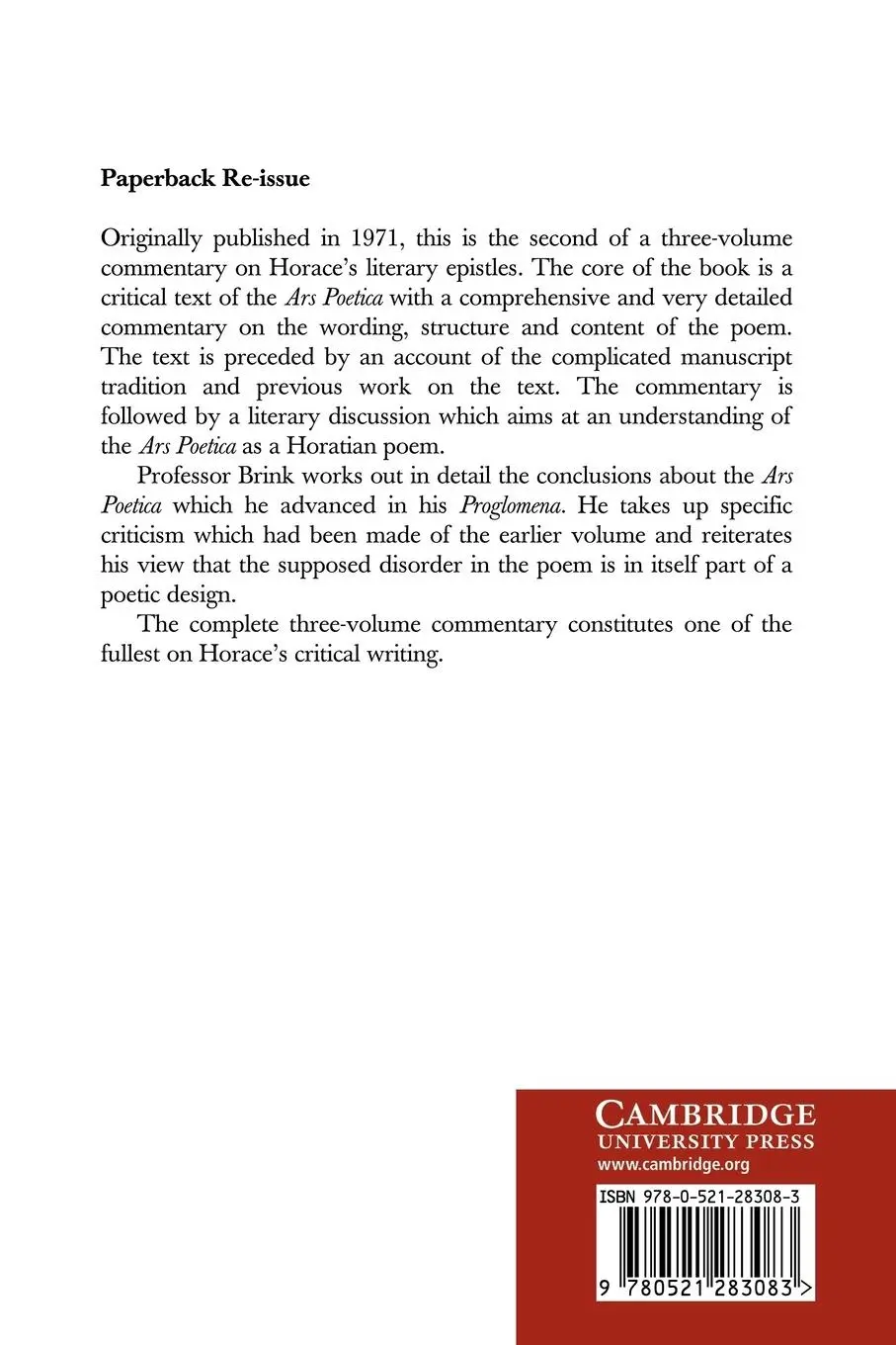 Rückseite: 9780521283083 | Horace on Poetry | The 'Ars Poetica' | C. O. Brink | Taschenbuch