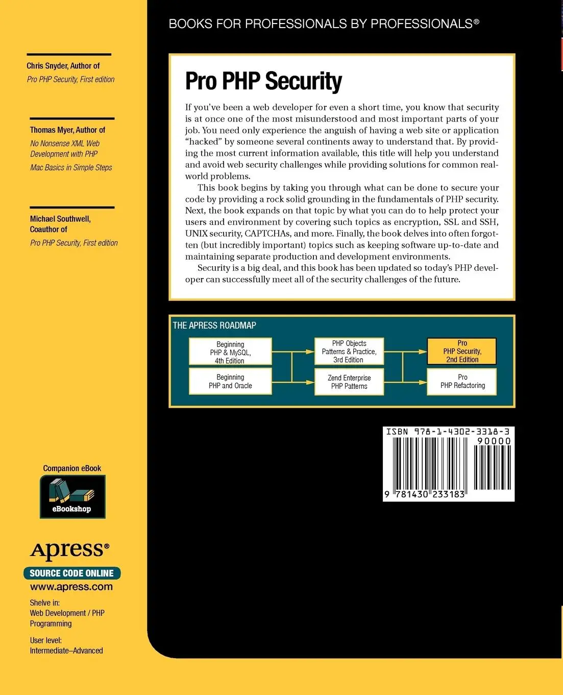 Rückseite: 9781430233183 | Pro PHP Security | Chris Snyder (u. a.) | Taschenbuch | xviii | 2010