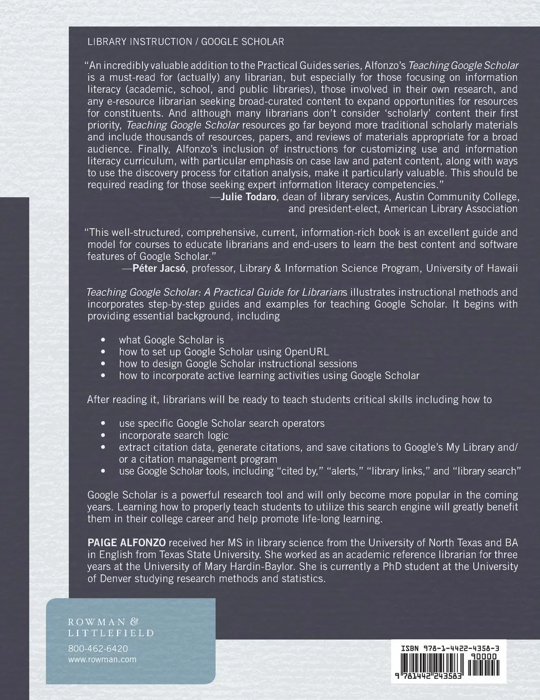 Rückseite: 9781442243583 | Teaching Google Scholar | A Practical Guide for Librarians | Alfonzo