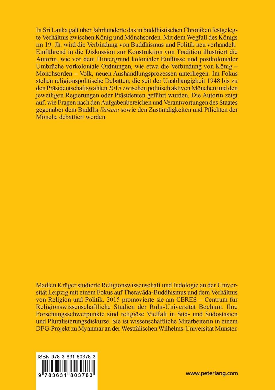 Rückseite: 9783631803783 | Das Verhältnis von Buddhismus und Politik in Sri Lanka | Madlen Krüger