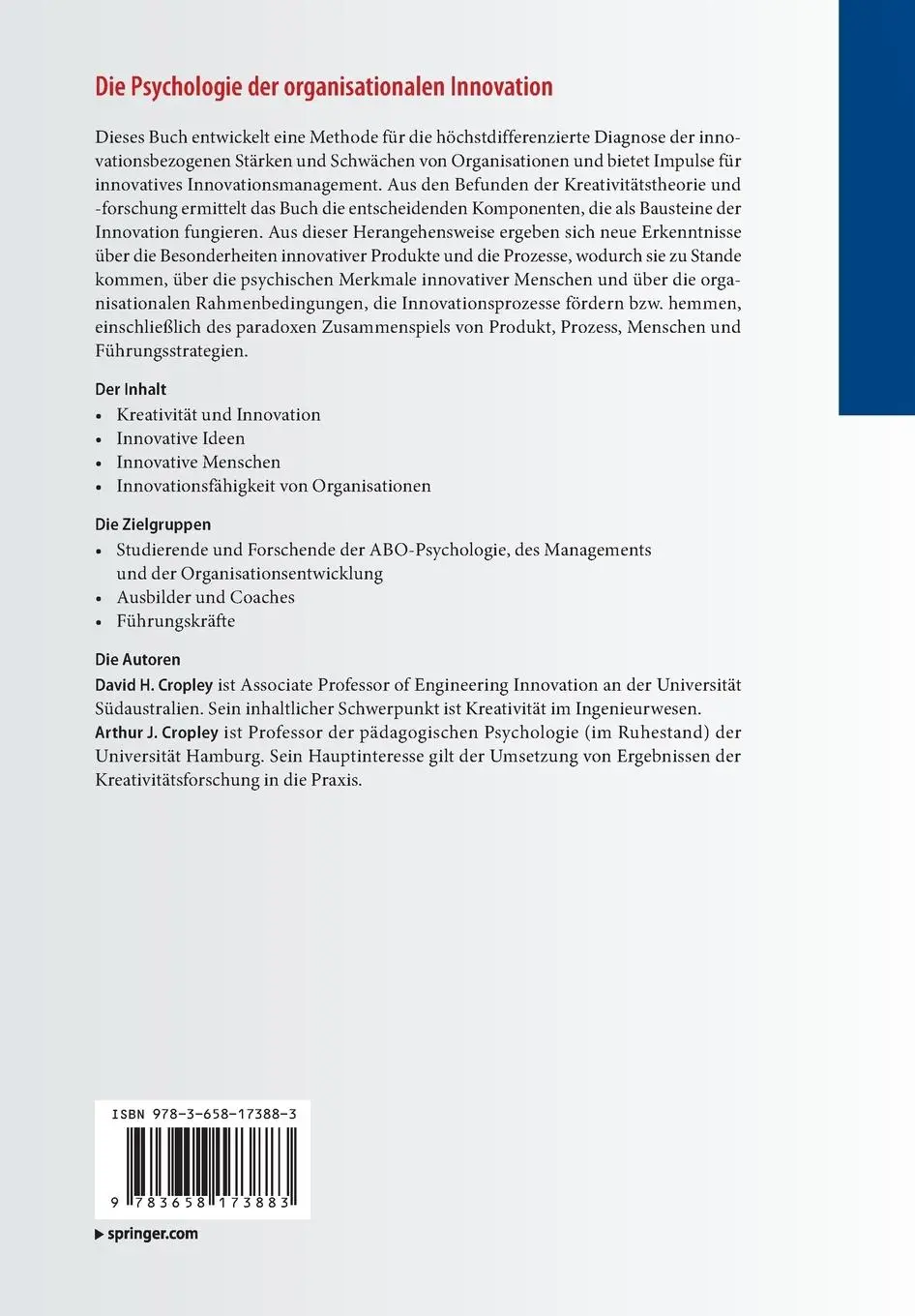 Rückseite: 9783658173883 | Die Psychologie der organisationalen Innovation | Cropley (u. a.)
