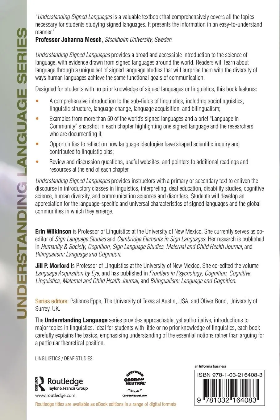 Rückseite: 9781032164083 | Understanding Signed Languages | Erin Wilkinson (u. a.) | Taschenbuch
