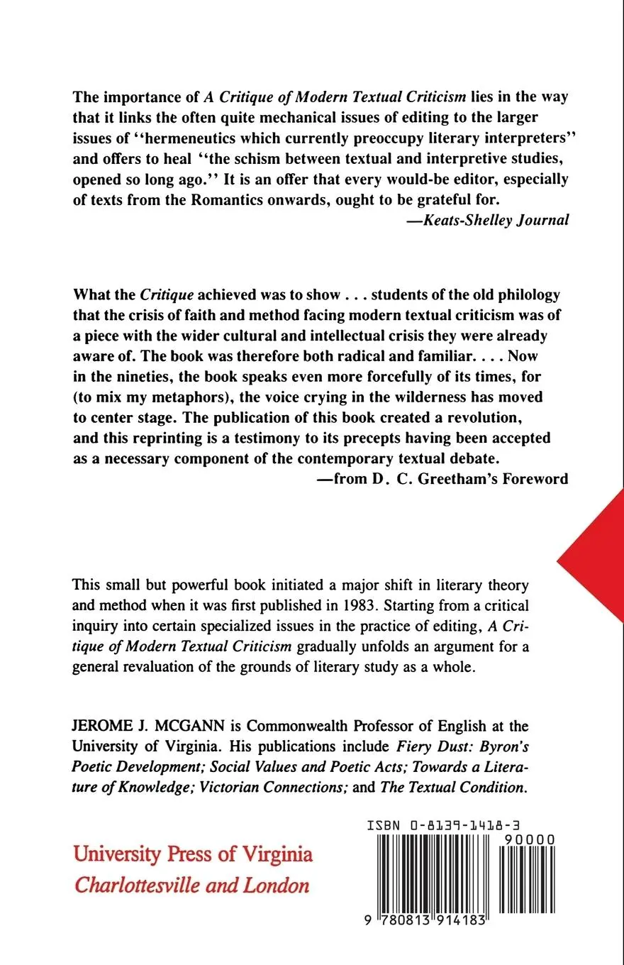 Rückseite: 9780813914183 | Critique of Modern Textual Criticism | Jerome J. Mcgann | Taschenbuch