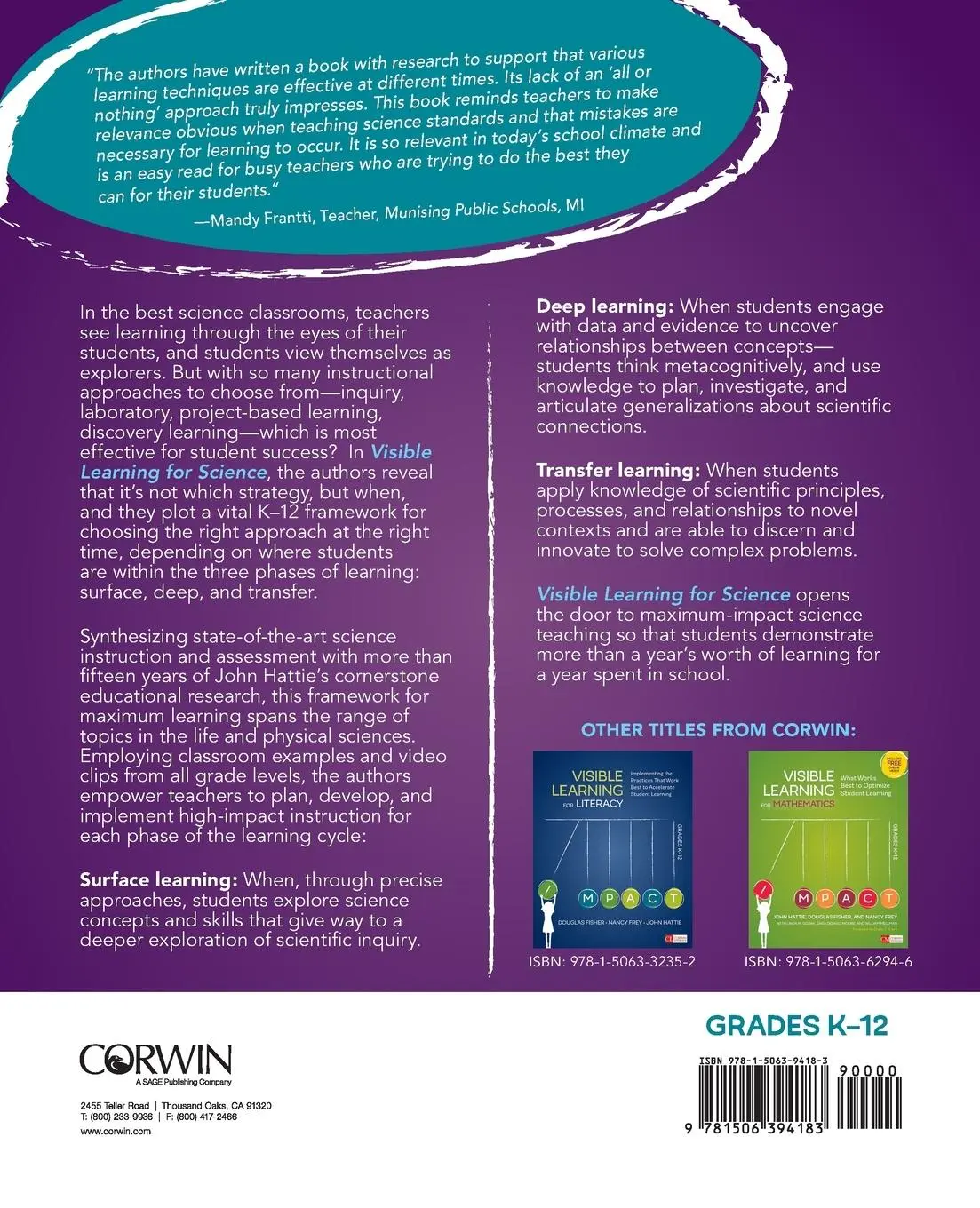 Rückseite: 9781506394183 | Visible Learning for Science, Grades K-12 | John Almarode (u. a.)