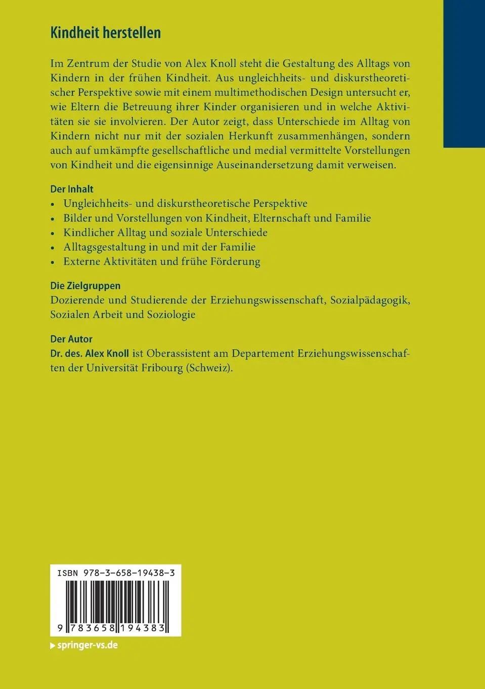 Rückseite: 9783658194383 | Kindheit herstellen | Alex Knoll | Taschenbuch | x | Deutsch | 2017