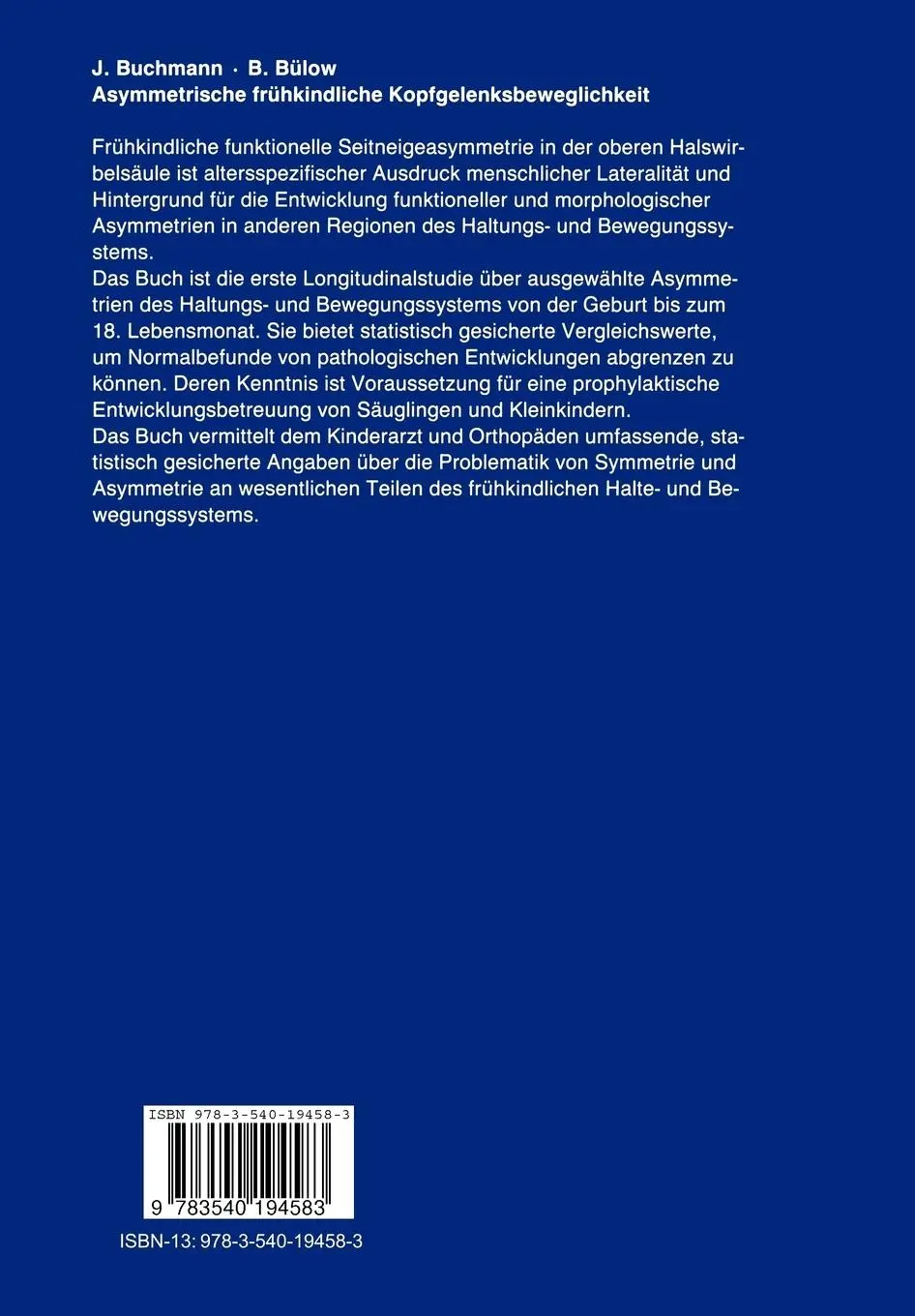 Rückseite: 9783540194583 | Asymmetrische frühkindliche Kopfgelenksbeweglichkeit | Bülow (u. a.)