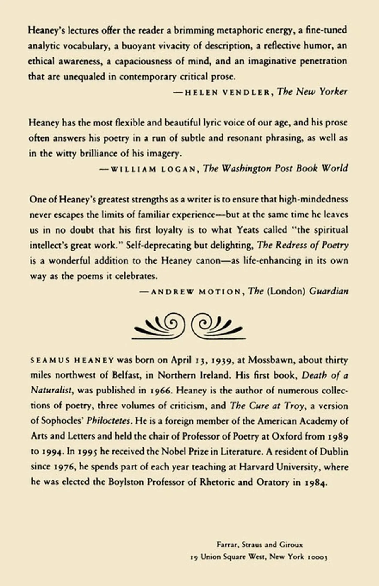 Rückseite: 9780374524883 | The Redress of Poetry | Seamus Heaney | Taschenbuch | Englisch | 1996