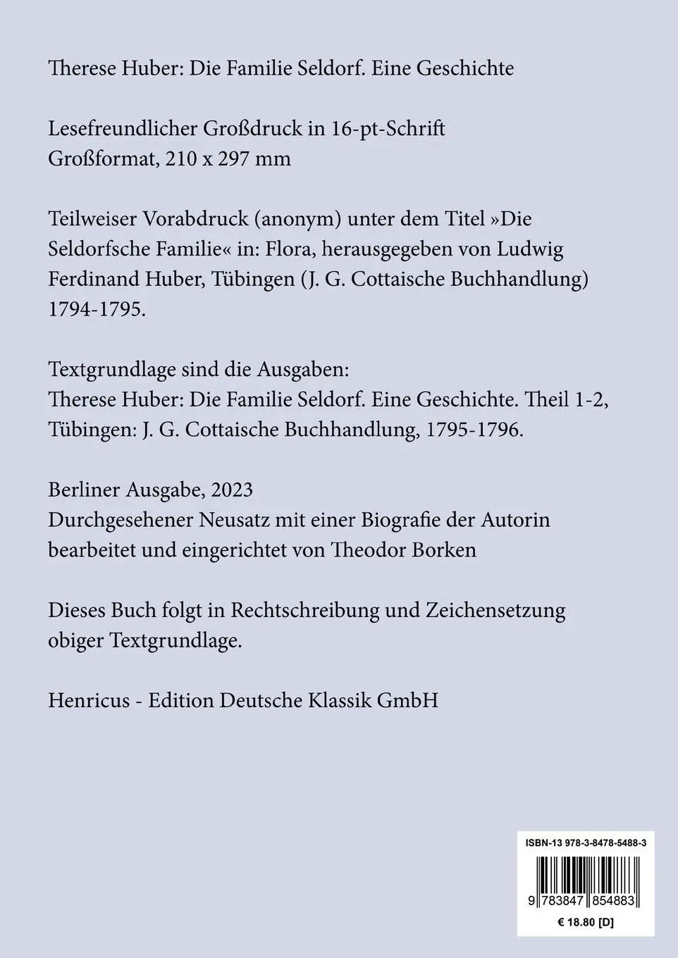 Rückseite: 9783847854883 | Die Familie Seldorf (Großdruck) | Eine Geschichte | Therese Huber