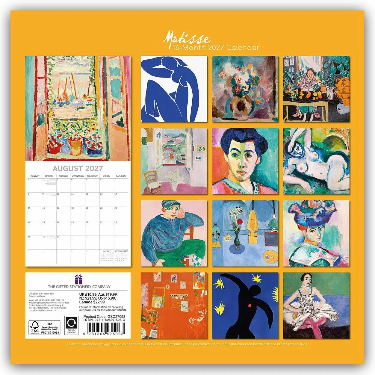 Rückseite: 9781805975083 | Matisse - Henri Matisse 2027 - 16-Monatskalender | The Gifted | 28 S.