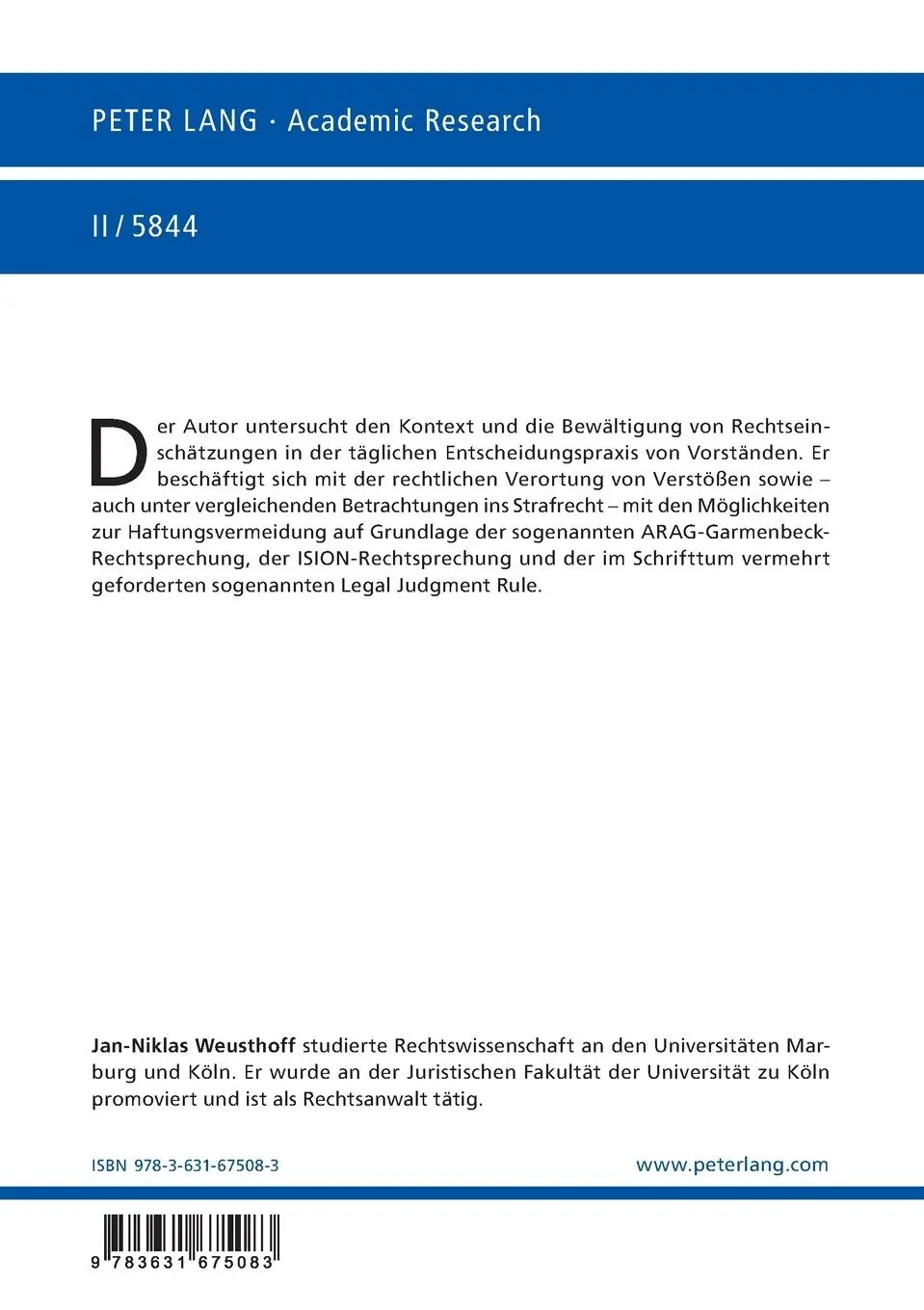 Rückseite: 9783631675083 | Die Organhaftung der Aktiengesellschaft bei fehlerhafter...