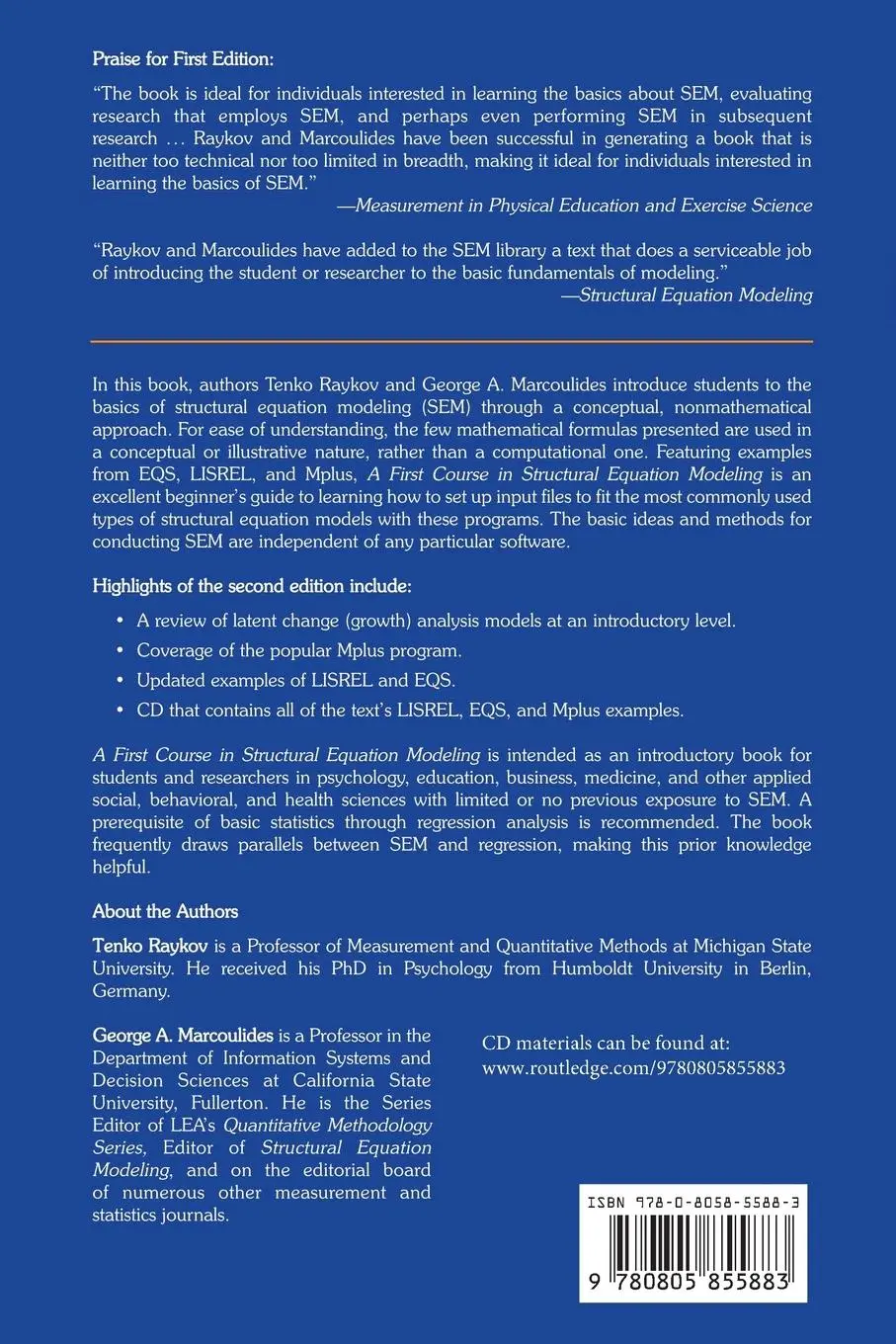 Rückseite: 9780805855883 | A First Course in Structural Equation Modeling | Tenko Raykov (u. a.)