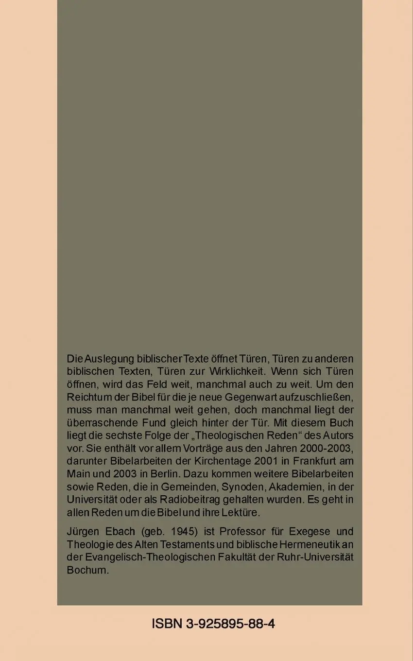 Rückseite: 9783925895883 | Ein weites Feld - ein zu weites Feld? | Theologische Reden 6 | Ebach