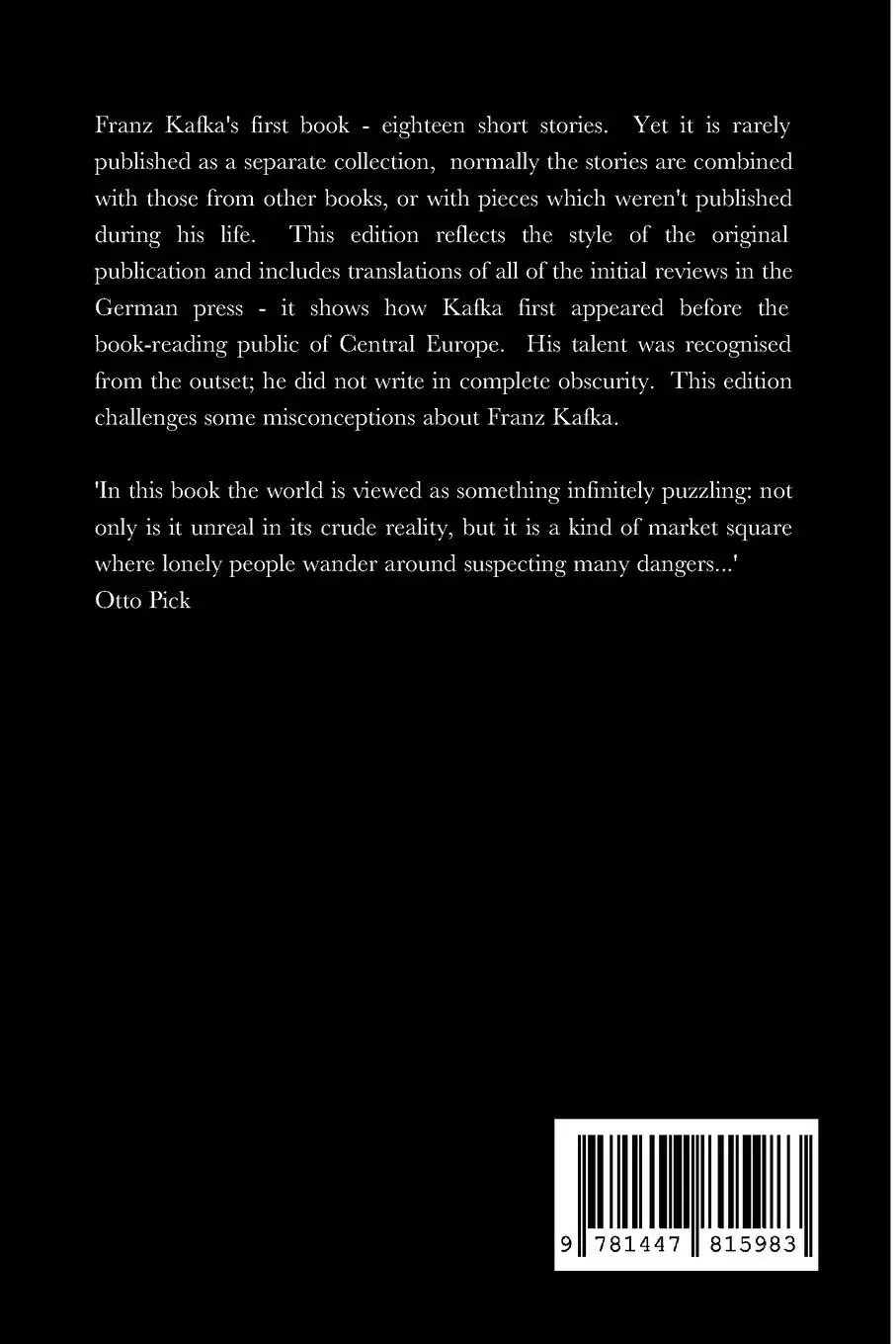 Rückseite: 9781447815983 | Contemplation | Franz Kafka | Taschenbuch | Englisch | 2023 | Lulu.com