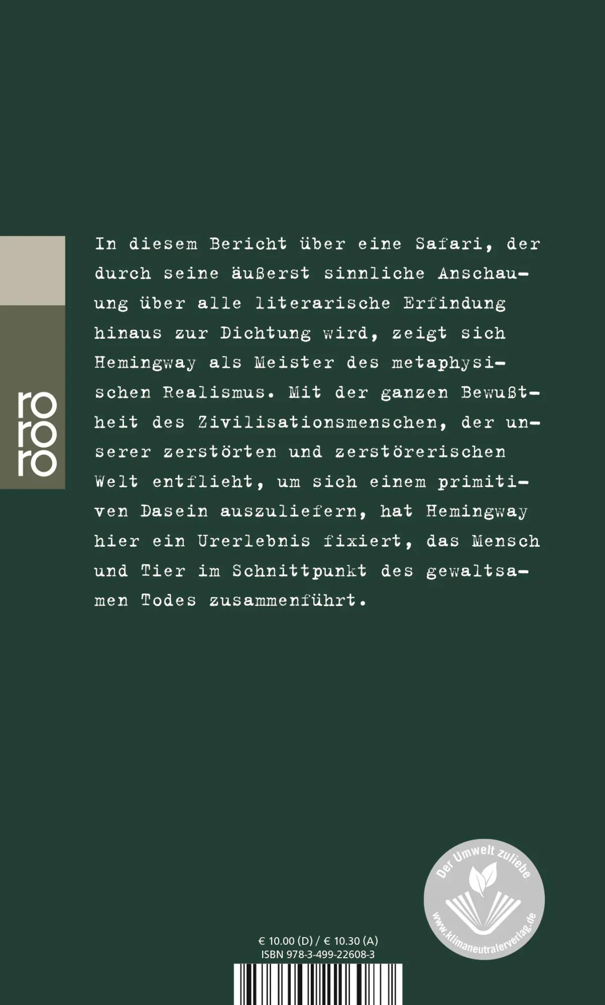 Rückseite: 9783499226083 | Die grünen Hügel Afrikas | Ernest Hemingway | Taschenbuch | 272 S.