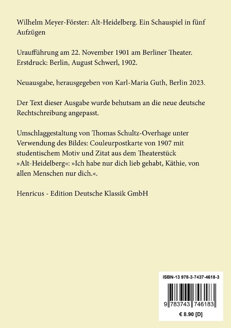 Rückseite: 9783743746183 | Alt-Heidelberg | Ein Schauspiel in fünf Aufzügen | Meyer-Förster