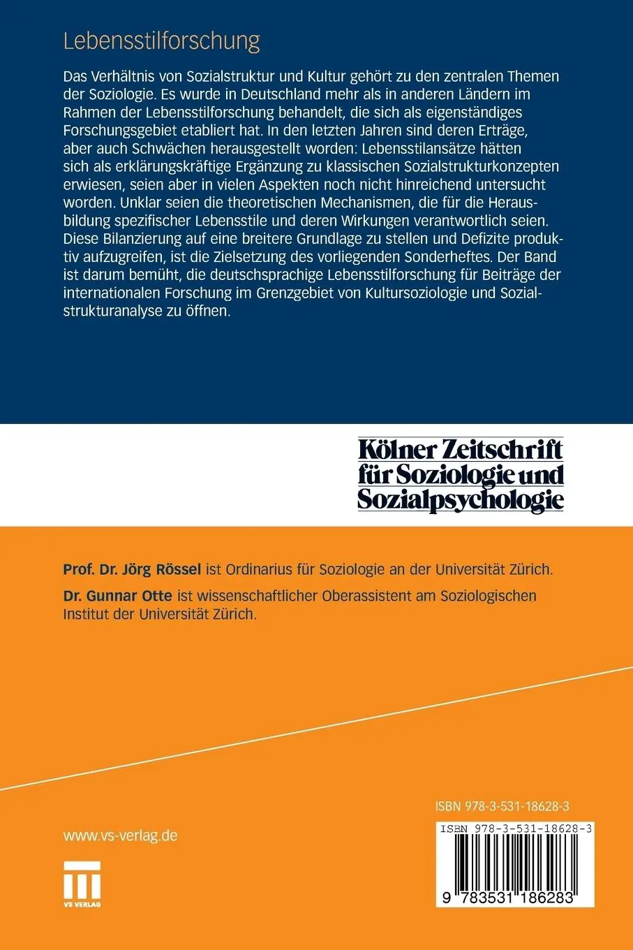 Rückseite: 9783531186283 | Lebensstilforschung | Gunnar Otte (u. a.) | Taschenbuch | 460 S.