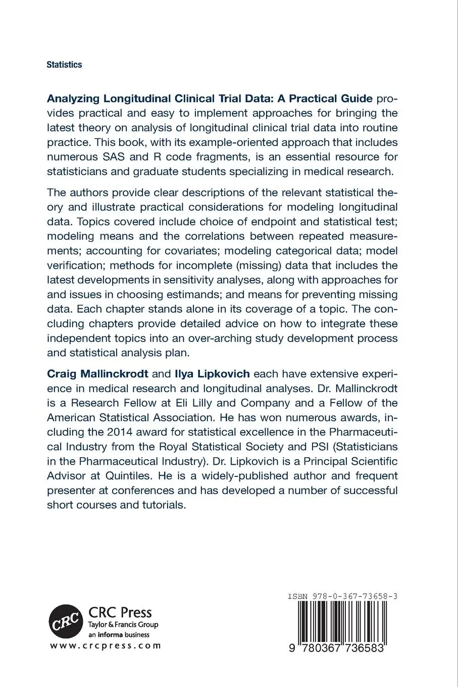 Rückseite: 9780367736583 | Analyzing Longitudinal Clinical Trial Data | A Practical Guide | Buch