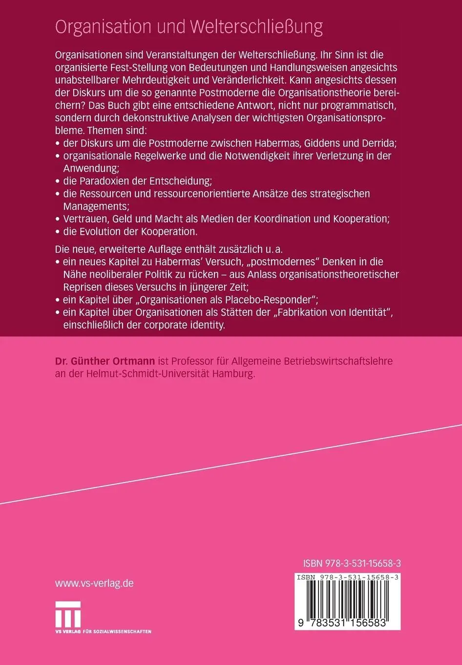 Rückseite: 9783531156583 | Organisation und Welterschließung | Dekonstruktionen | Günther Ortmann