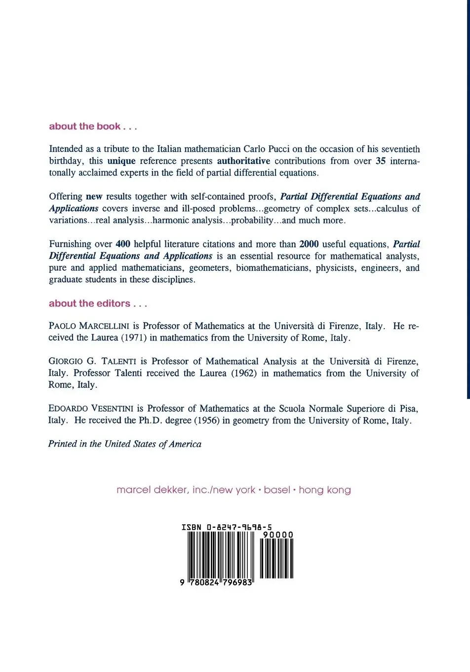 Rückseite: 9780824796983 | Partial Differential Equations and Applications | Marcellini (u. a.)