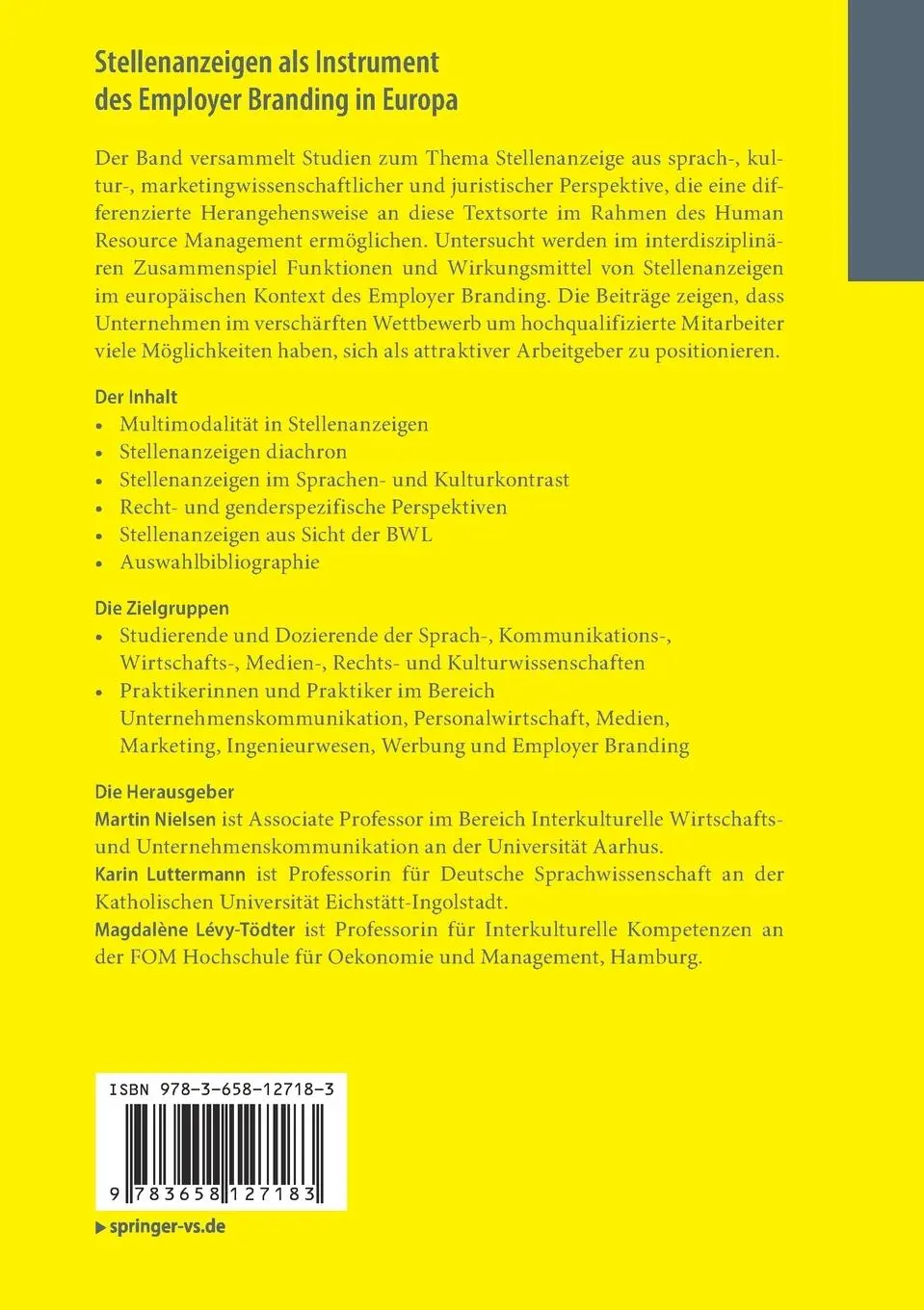 Rückseite: 9783658127183 | Stellenanzeigen als Instrument des Employer Branding in Europa | Buch