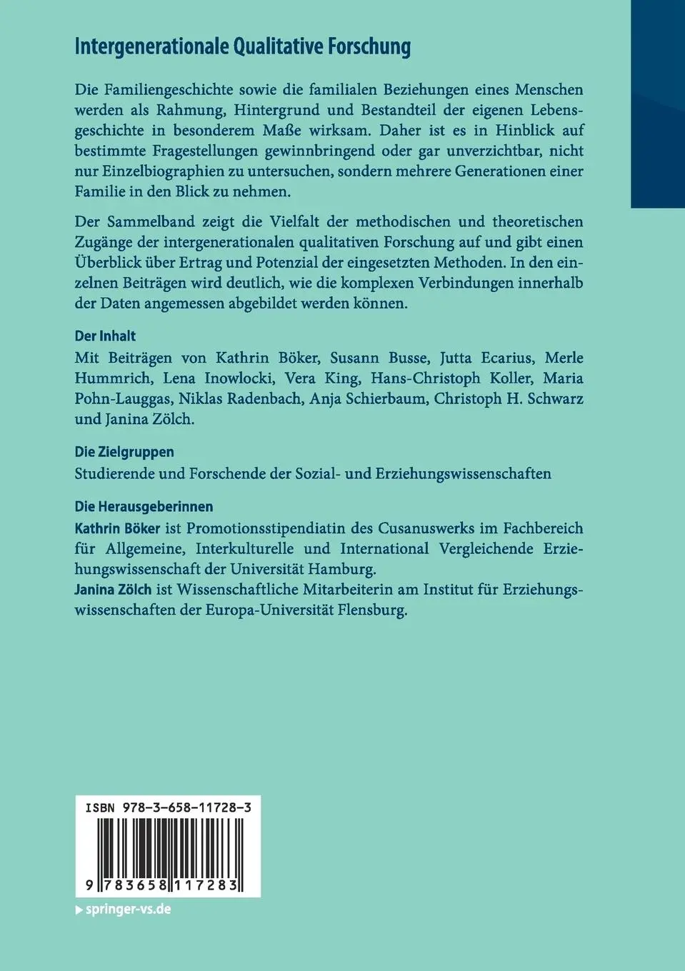 Rückseite: 9783658117283 | Intergenerationale Qualitative Forschung | Kathrin Böker (u. a.) | vi