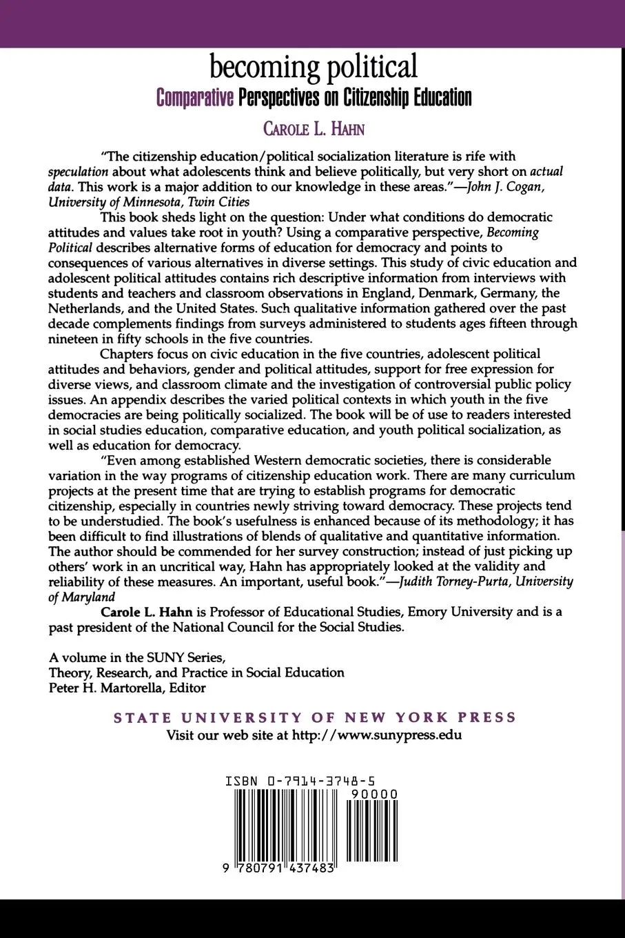 Rückseite: 9780791437483 | Becoming Political | Comparative Perspectives on Citizenship Education