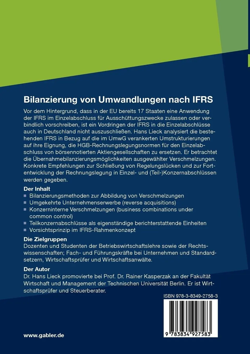 Rückseite: 9783834927583 | Bilanzierung von Umwandlungen nach IFRS | Hans Lieck | Taschenbuch