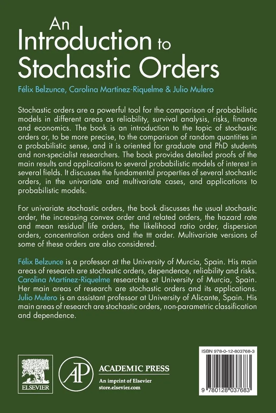 Rückseite: 9780128037683 | An Introduction to Stochastic Orders | Felix Belzunce (u. a.) | Buch