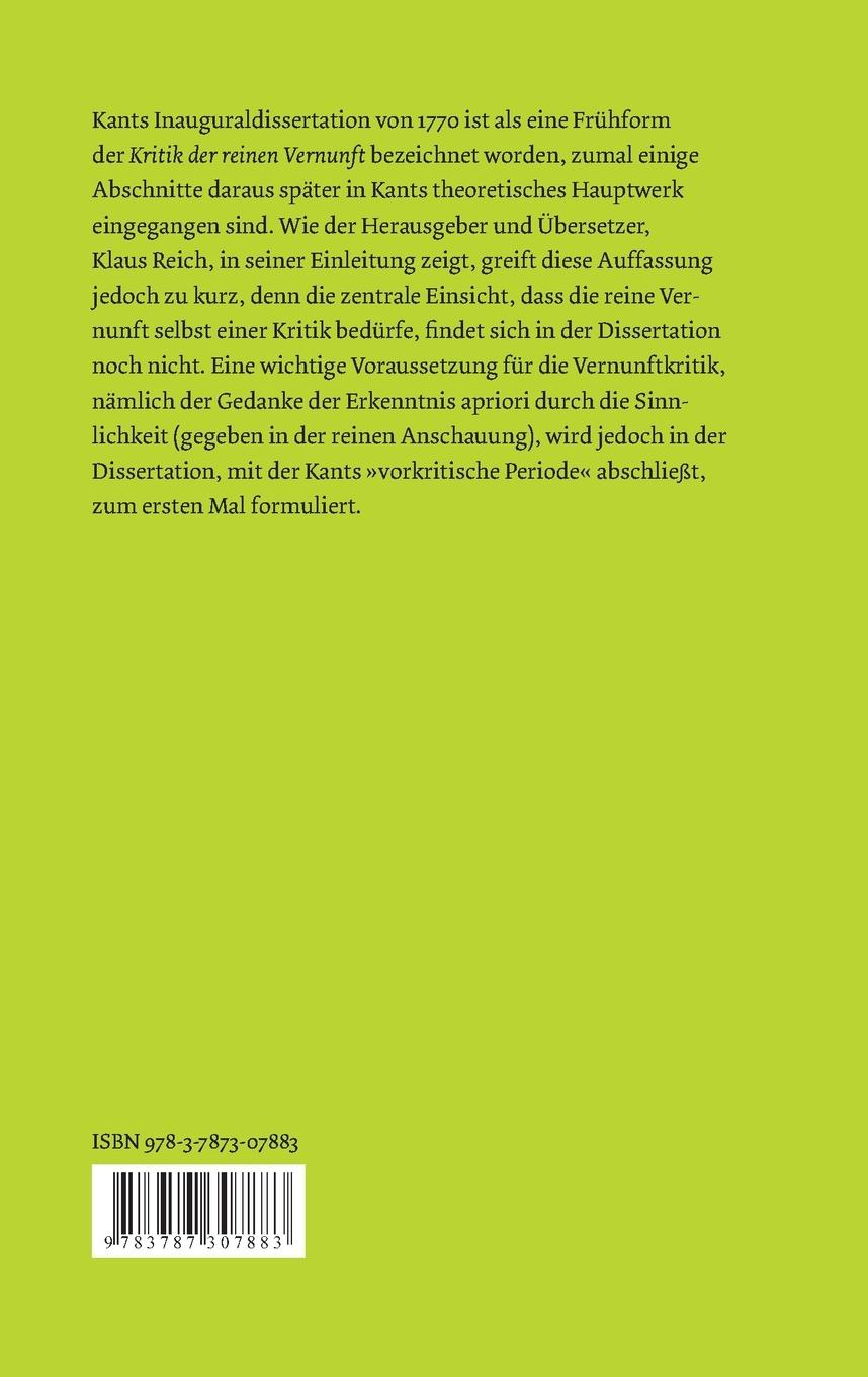 Rückseite: 9783787307883 | De mundi sensibilis atque intelligibilis forma et principiis / Über...