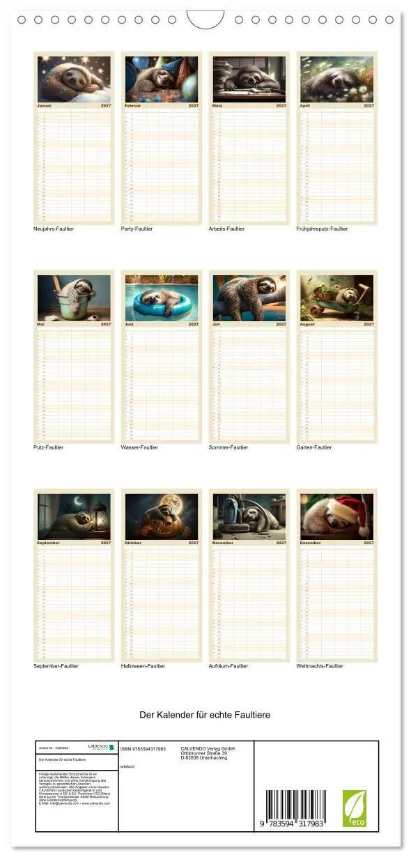 Bild: 9783594317983 | Familienplaner 2027 - Der Kalender für echte Faultiere mit 5...