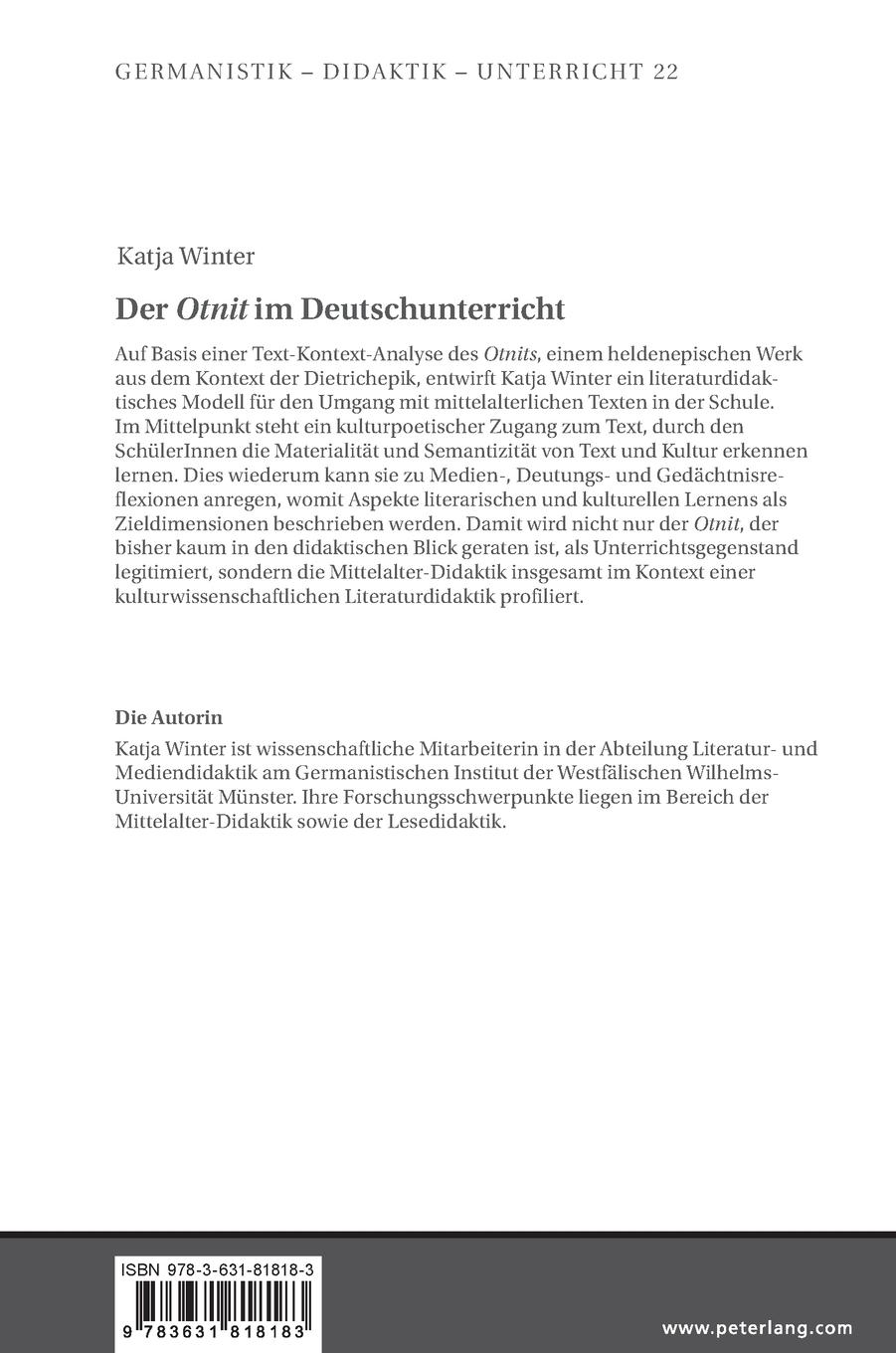 Rückseite: 9783631818183 | Der 'Otnit' im Deutschunterricht | Katja Winter | Buch | Deutsch