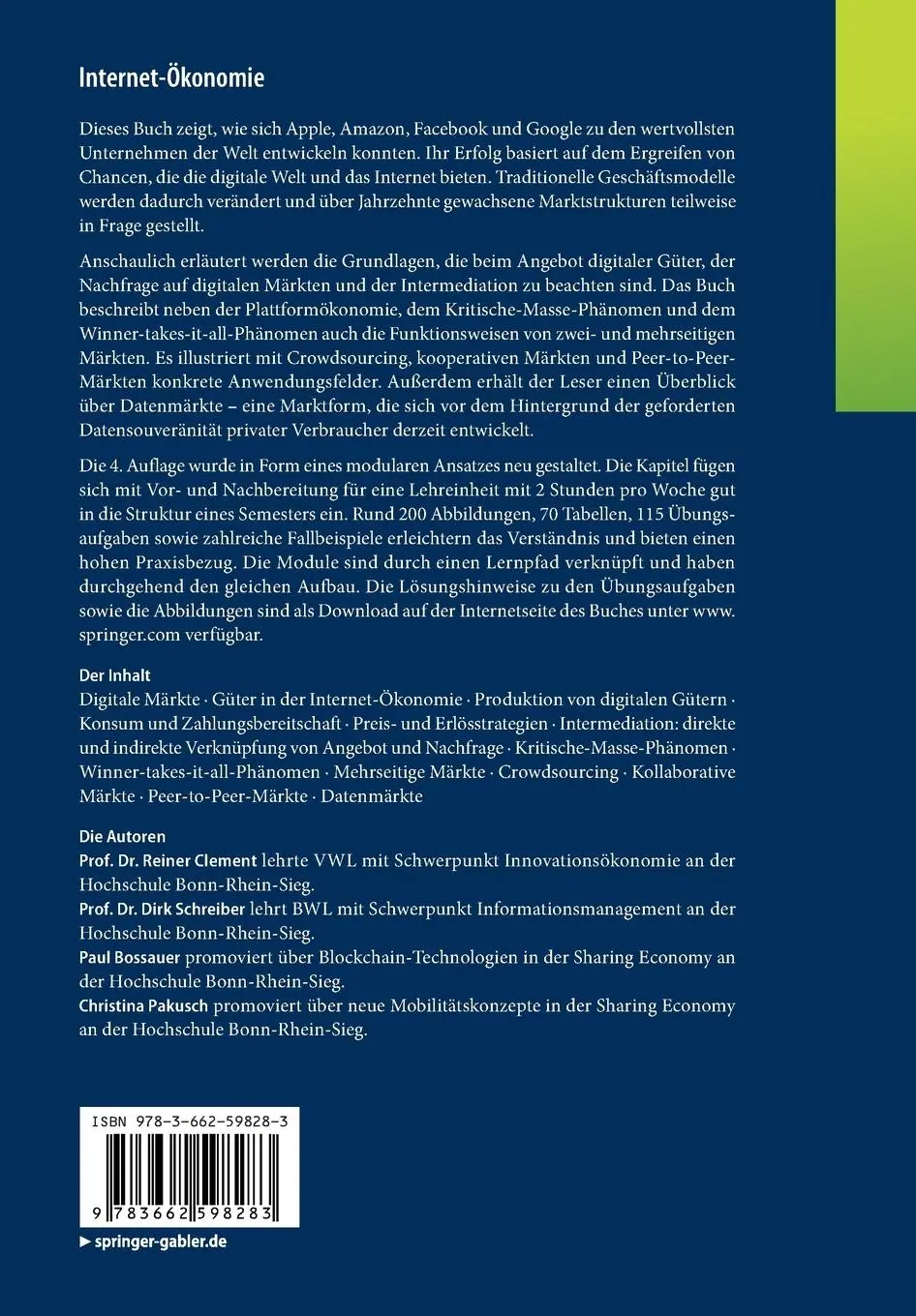 Rückseite: 9783662598283 | Internet-Ökonomie | Reiner Clement (u. a.) | Taschenbuch | XXII | 2019