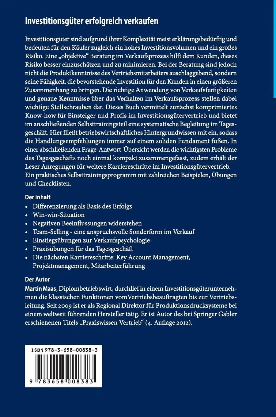Rückseite: 9783658008383 | Investitionsgüter erfolgreich verkaufen | Martin Maas | Buch | xviii