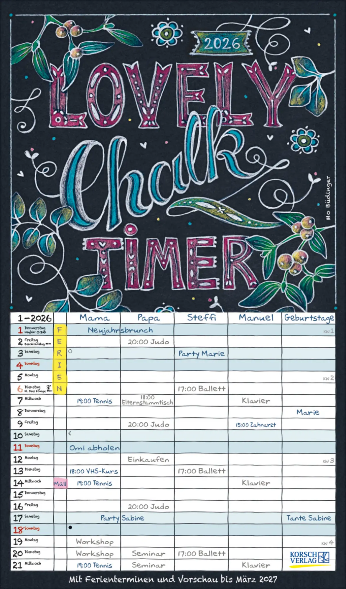 Cover: 9783731888383 | Lovely Chalk Timer 2026 | Verlag Korsch | Kalender | 14 S. | Deutsch