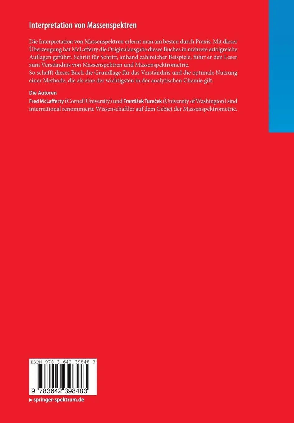 Rückseite: 9783642398483 | Interpretation von Massenspektren | Fred W. Mclafferty (u. a.) | Buch