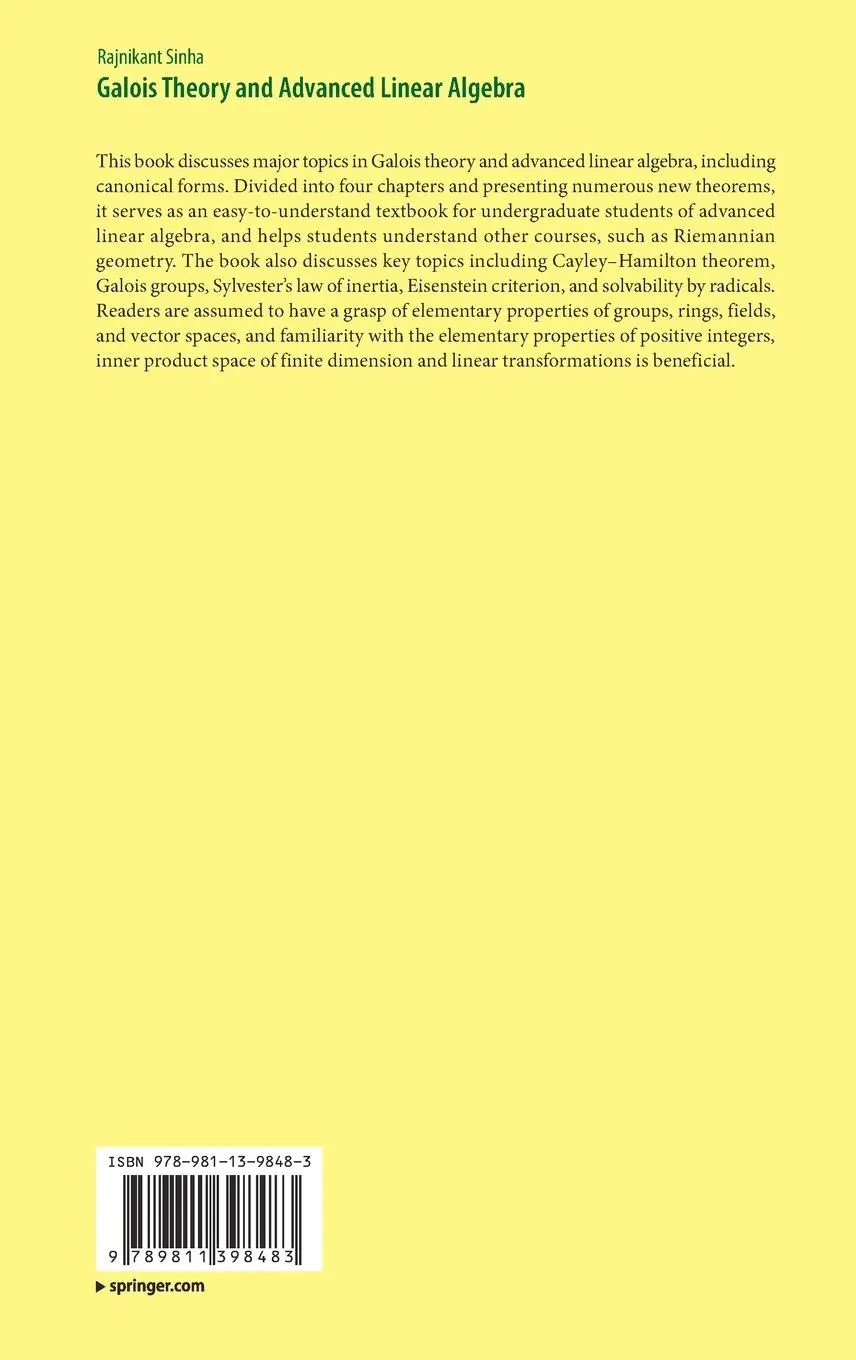 Rückseite: 9789811398483 | Galois Theory and Advanced Linear Algebra | Rajnikant Sinha | Buch