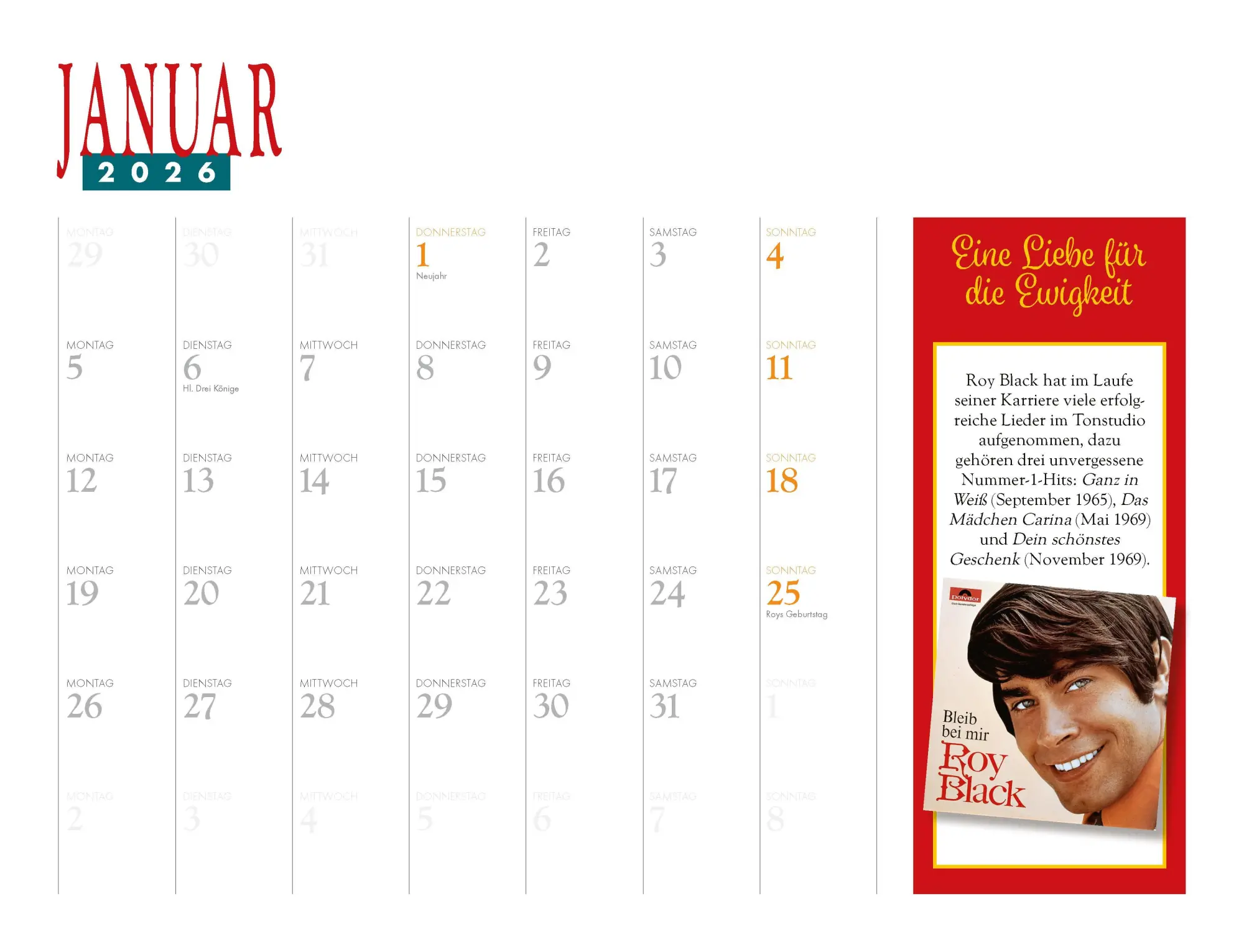 Bild: 9783966648783 | Roy Black Kalender 2026 | Eine Liebe für die Ewigkeit Eintragkalender