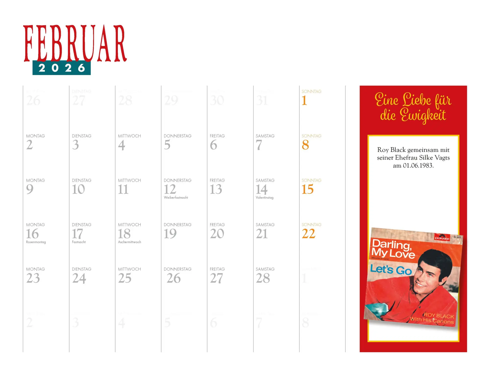 Bild: 9783966648783 | Roy Black Kalender 2026 | Eine Liebe für die Ewigkeit Eintragkalender