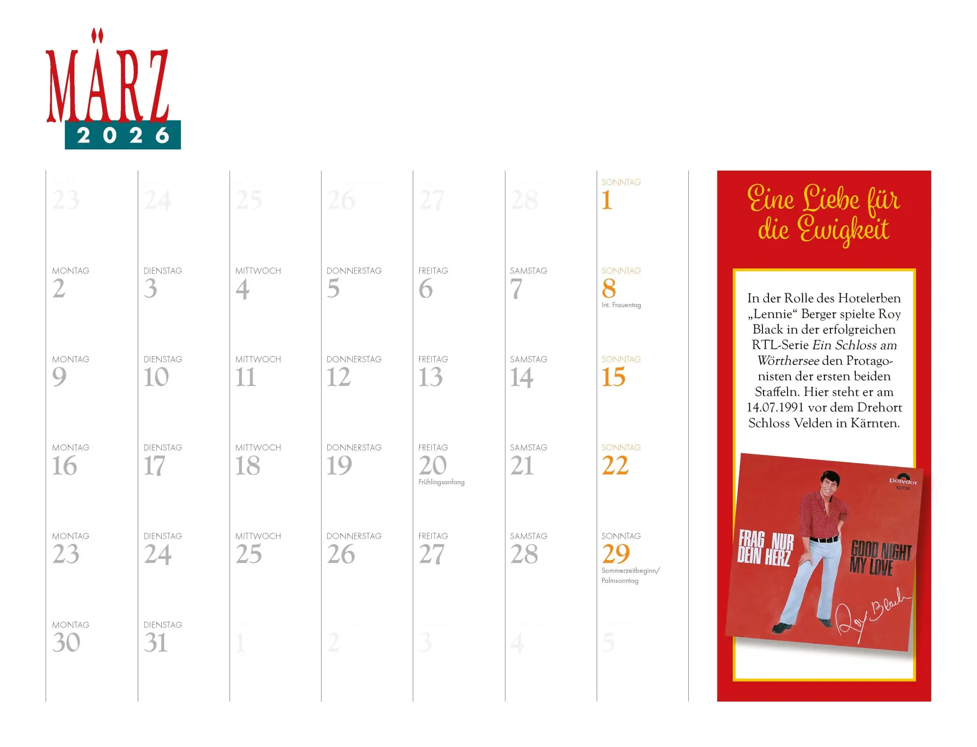 Bild: 9783966648783 | Roy Black Kalender 2026 | Eine Liebe für die Ewigkeit Eintragkalender