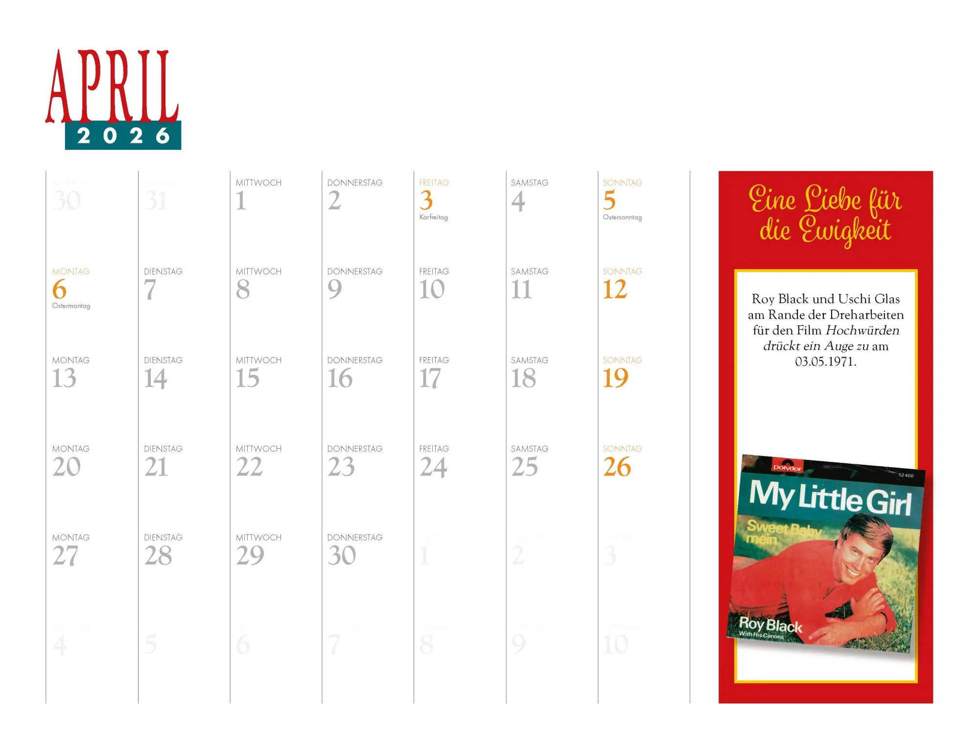 Bild: 9783966648783 | Roy Black Kalender 2026 | Eine Liebe für die Ewigkeit Eintragkalender