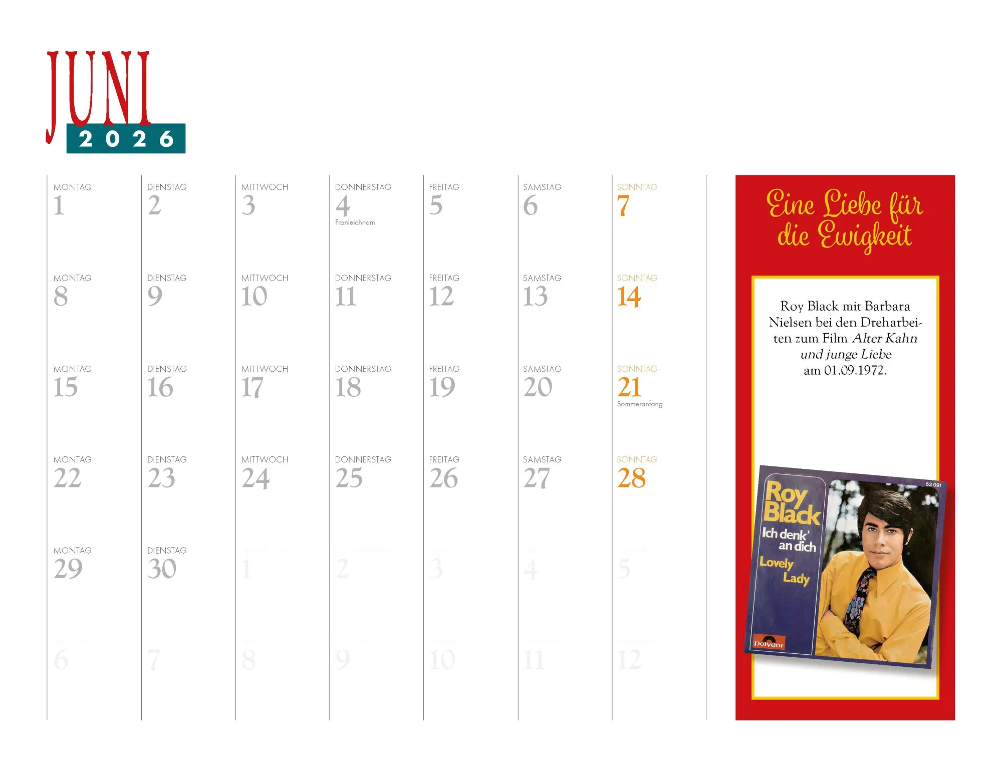 Bild: 9783966648783 | Roy Black Kalender 2026 | Eine Liebe für die Ewigkeit Eintragkalender