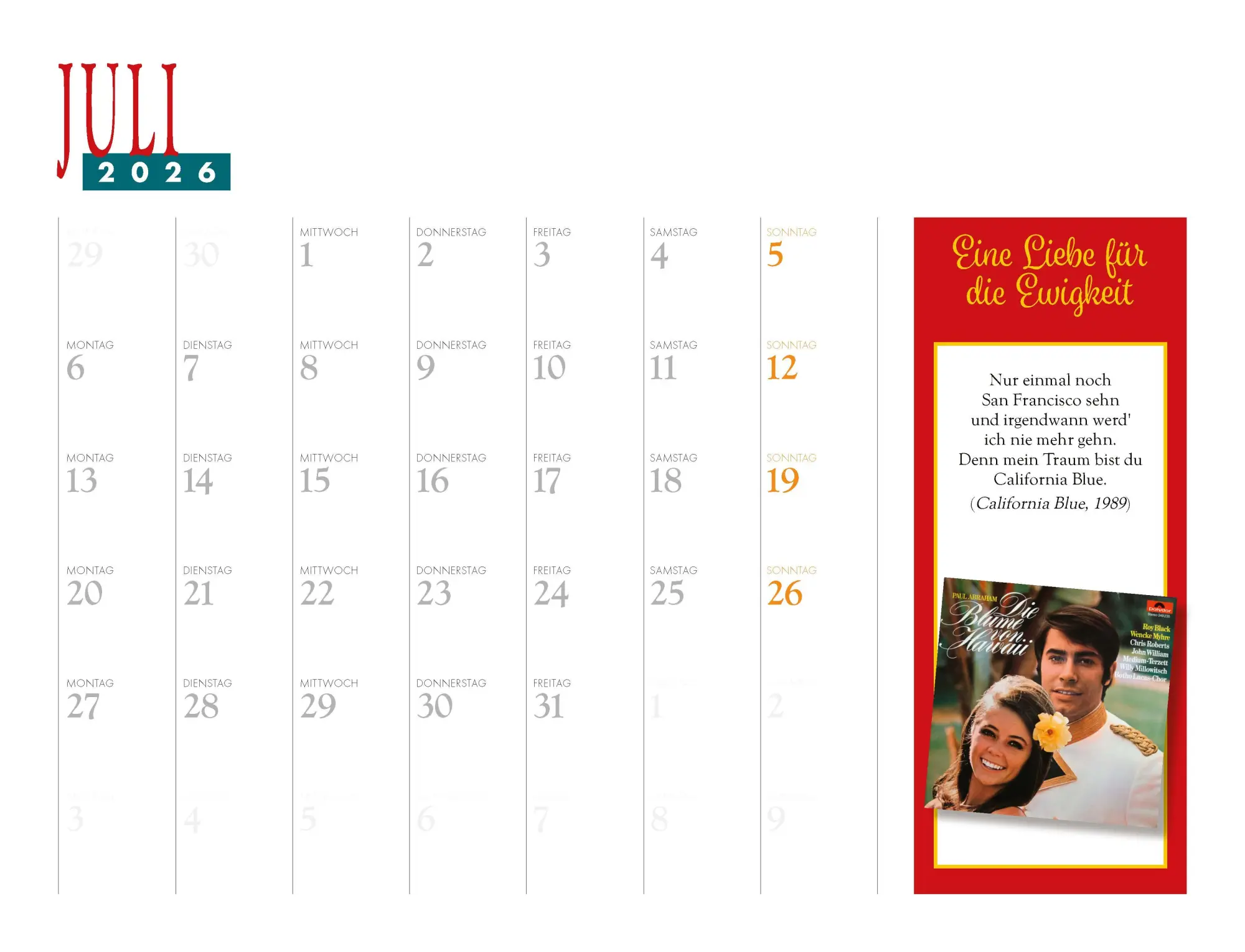 Bild: 9783966648783 | Roy Black Kalender 2026 | Eine Liebe für die Ewigkeit Eintragkalender