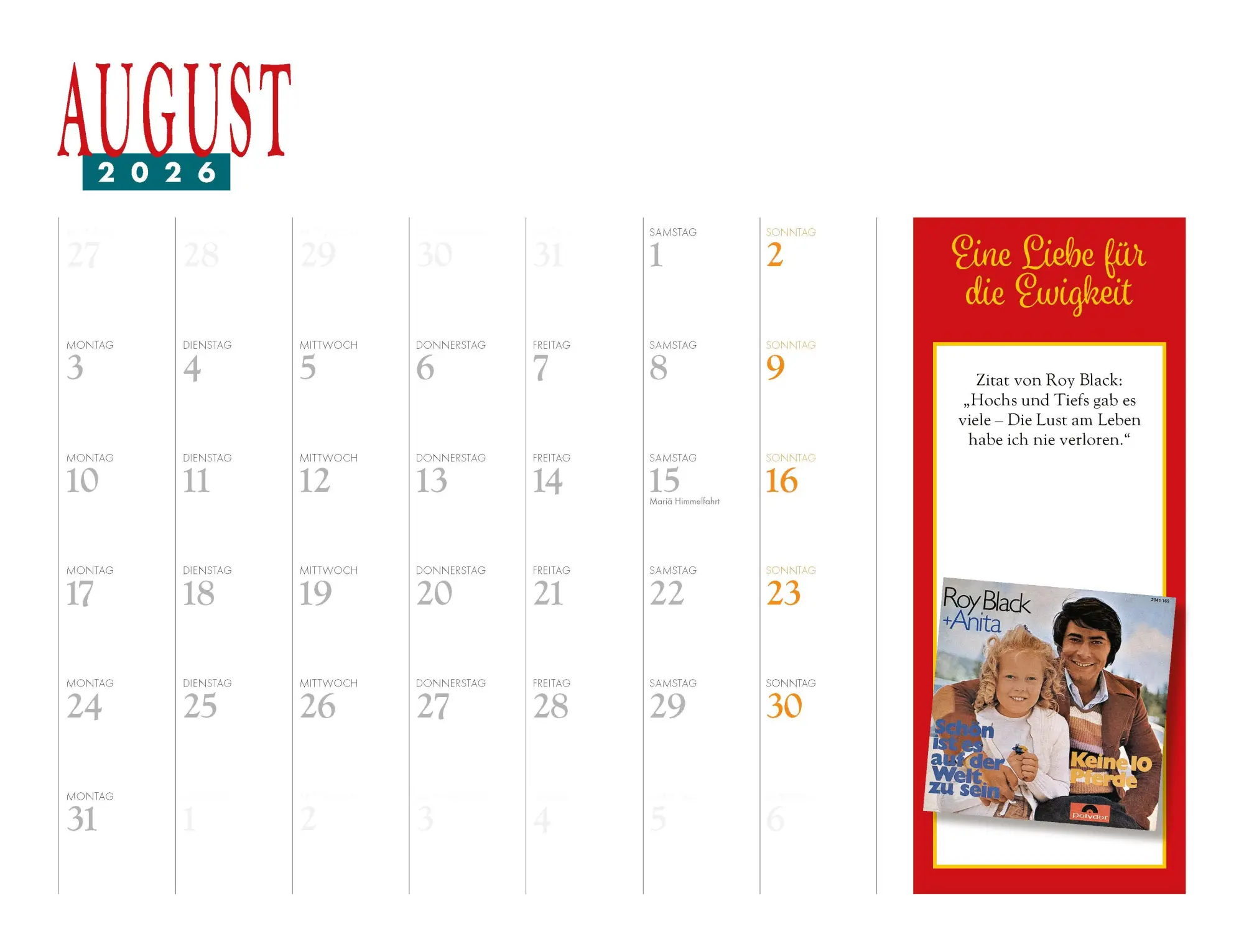 Bild: 9783966648783 | Roy Black Kalender 2026 | Eine Liebe für die Ewigkeit Eintragkalender