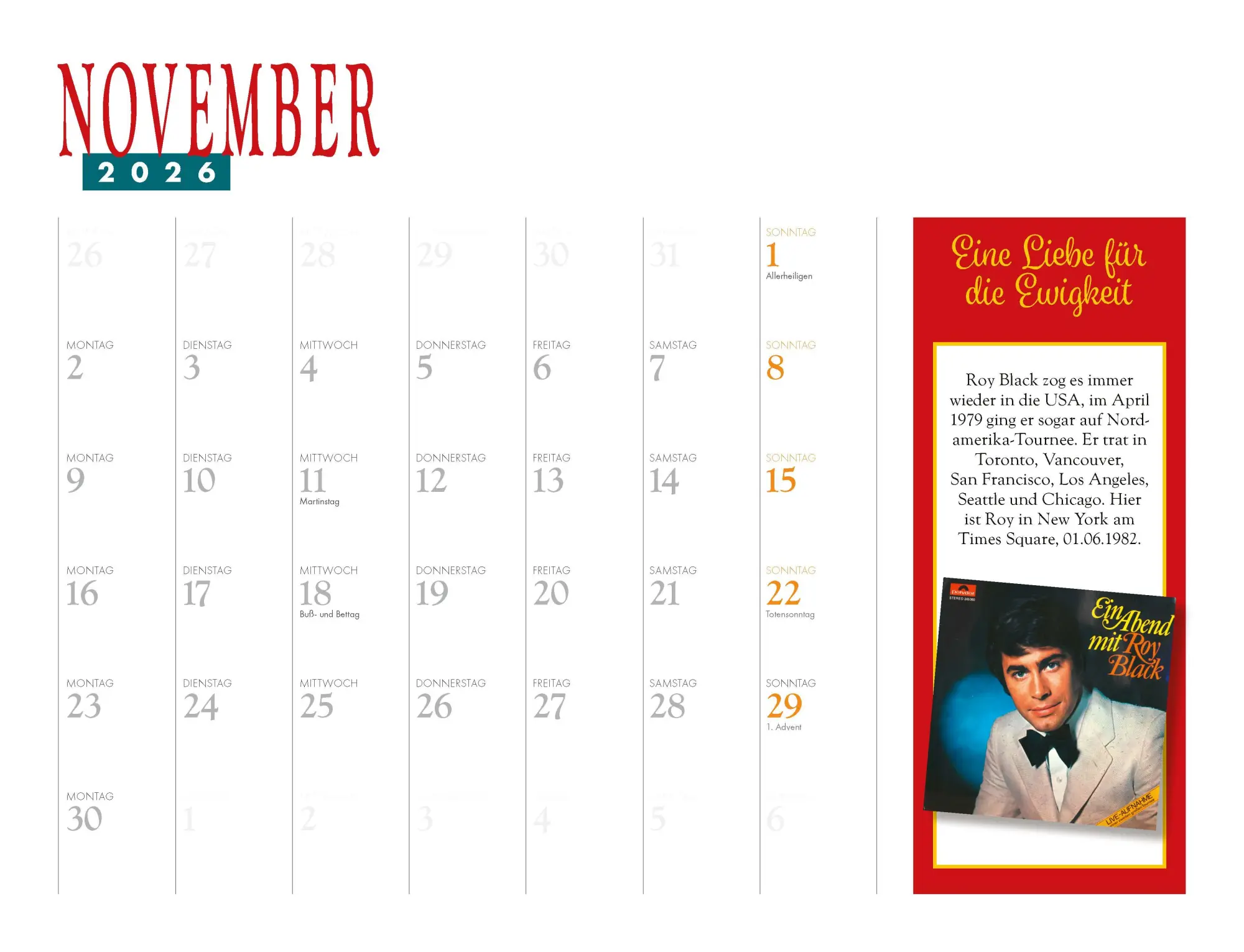 Bild: 9783966648783 | Roy Black Kalender 2026 | Eine Liebe für die Ewigkeit Eintragkalender