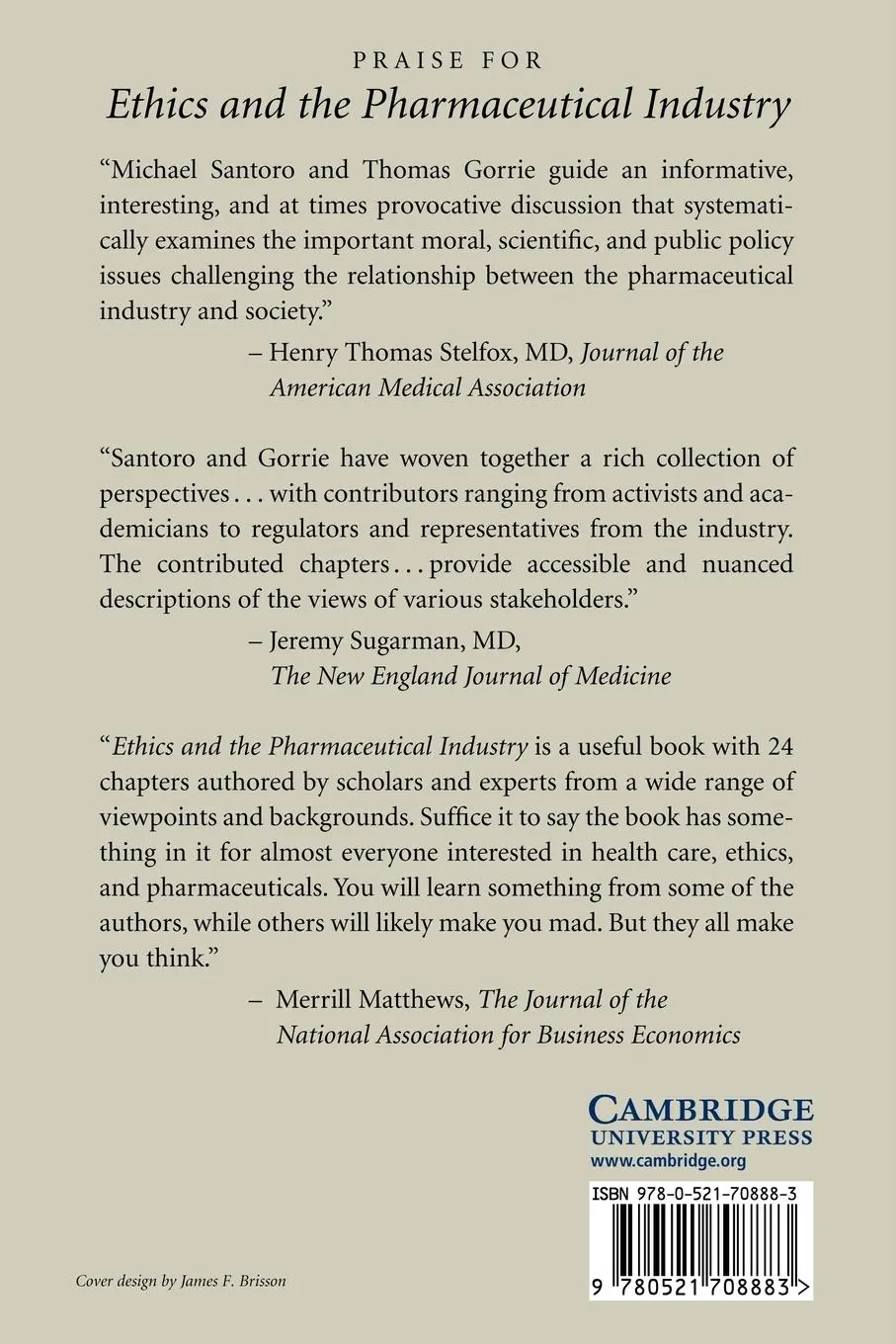 Rückseite: 9780521708883 | Ethics and the Pharmaceutical Industry | Michael A. Santoro (u. a.)