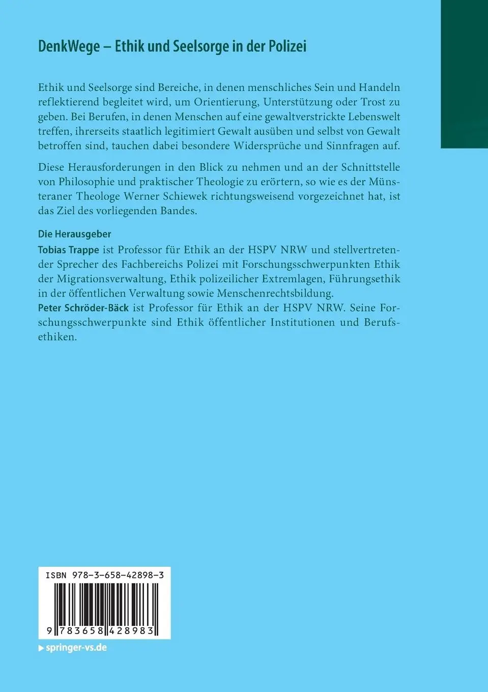 Rückseite: 9783658428983 | DenkWege - Ethik und Seelsorge in der Polizei | Für Werner Schiewek
